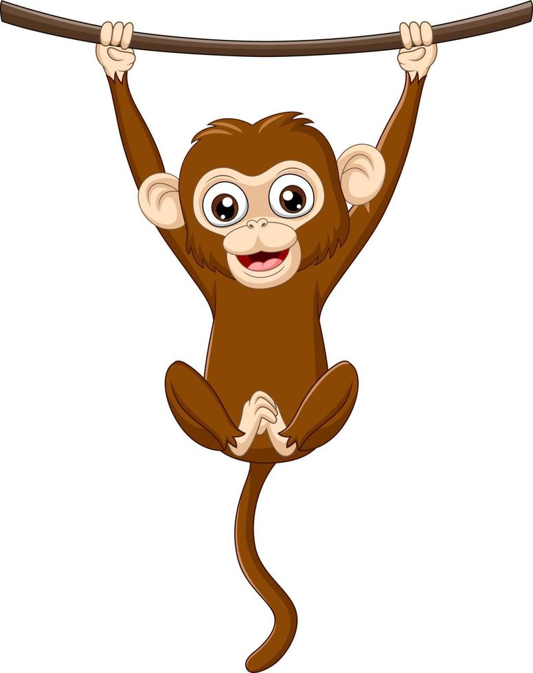 macaco bebê dos desenhos animados pendurado em um galho de madeira vetor