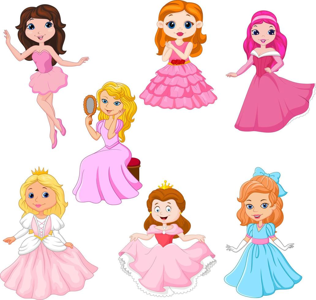 conjunto de princesas de desenho animado bonito isoladas no fundo branco vetor