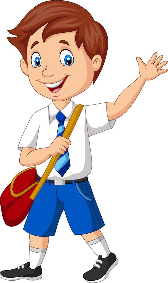 menino de escola dos desenhos animados em uniforme acenando vetor
