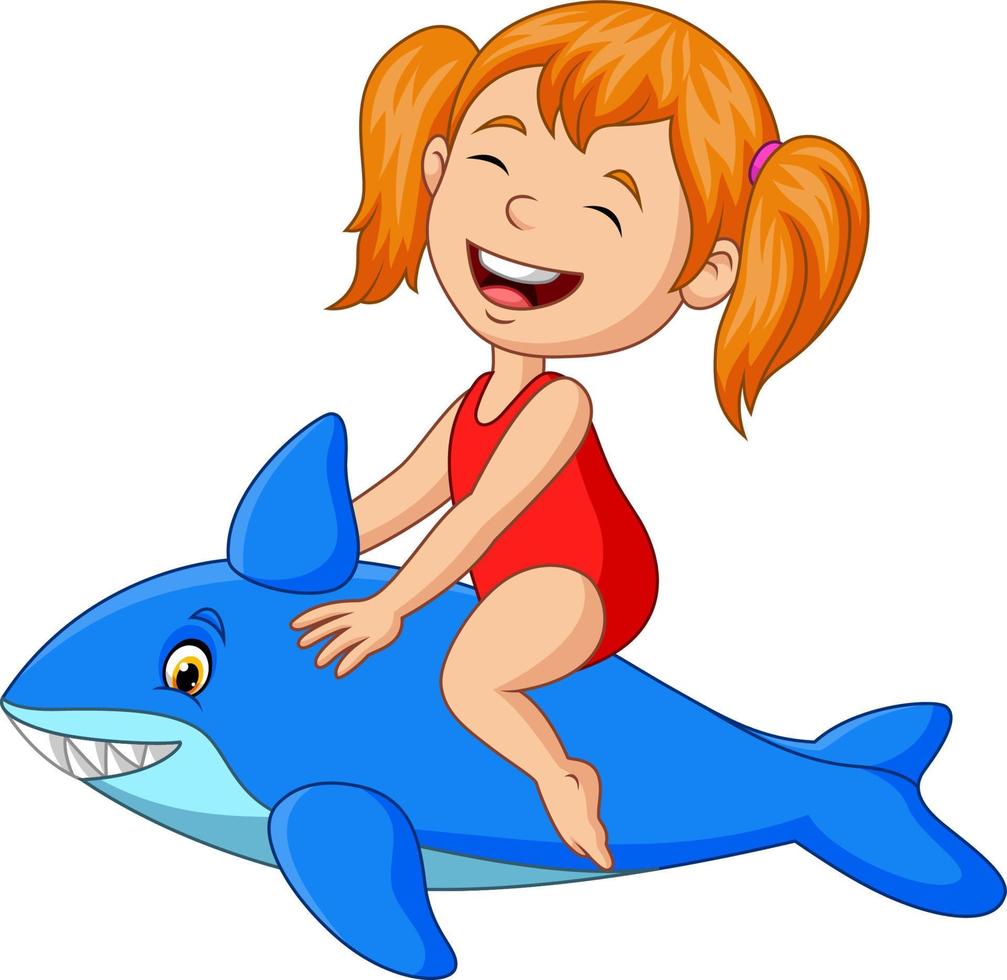 menina dos desenhos animados montando tubarão inflável vetor