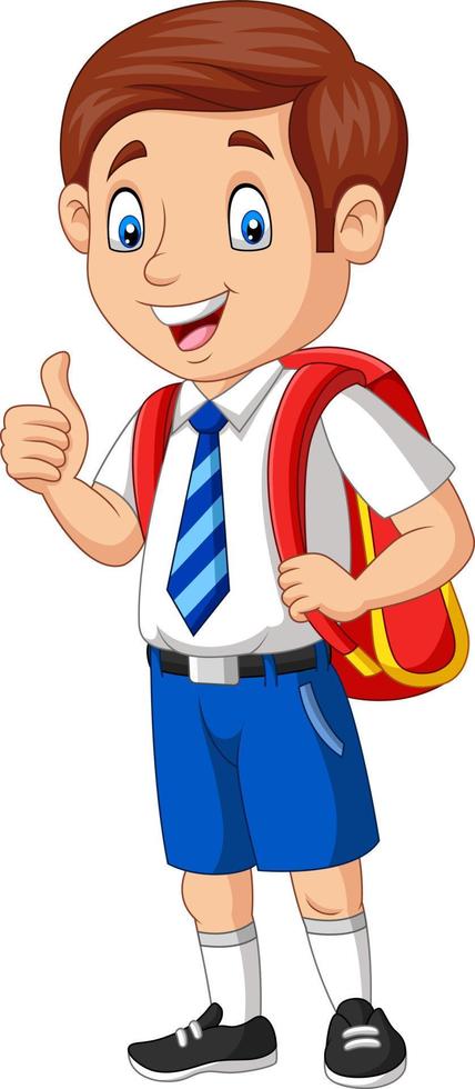 menino de escola feliz dos desenhos animados de uniforme dando um polegar para cima vetor