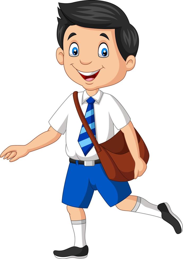 menino de escola dos desenhos animados em uniforme acenando vetor