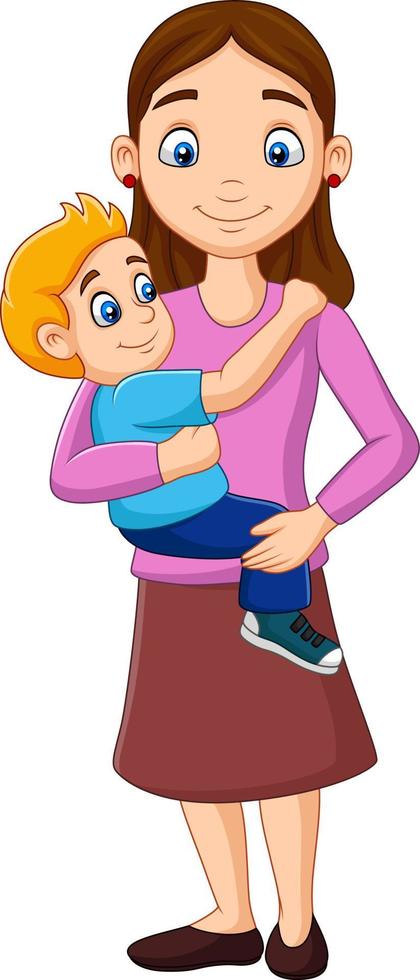 mãe dos desenhos animados carregando um menino nos braços vetor
