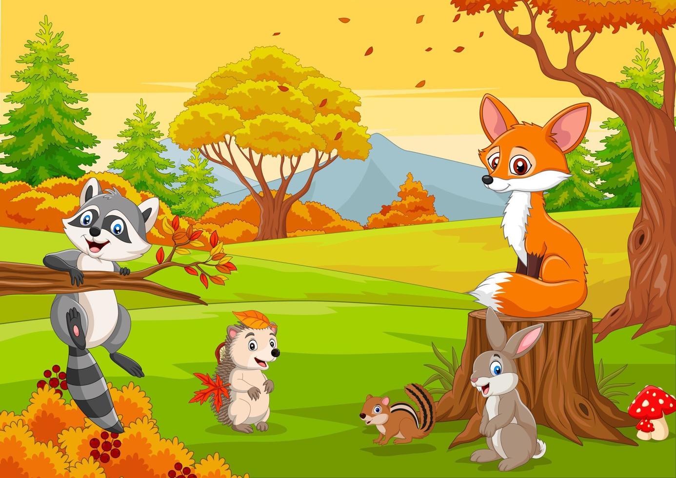 animais selvagens dos desenhos animados na floresta de outono vetor