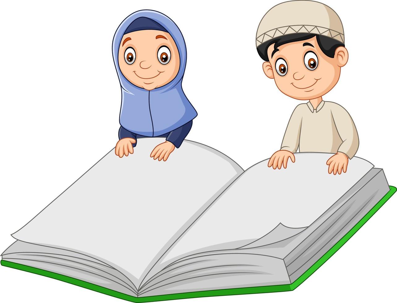 desenho animado menino muçulmano e menina muçulmana segurando um livro gigante vetor