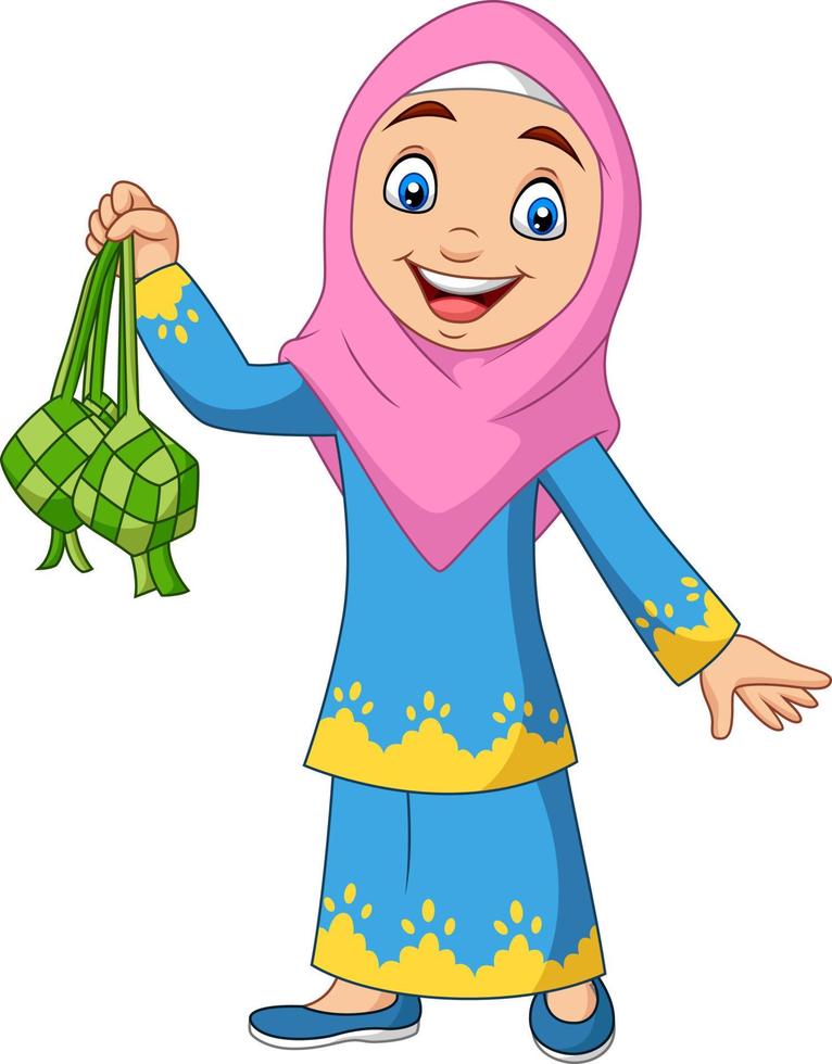 linda garota muçulmana segurando um ketupat vetor