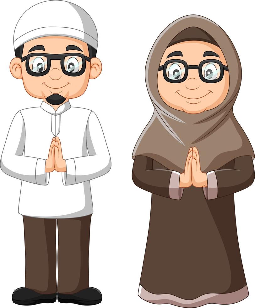 desenho animado velho casal muçulmano em fundo branco vetor