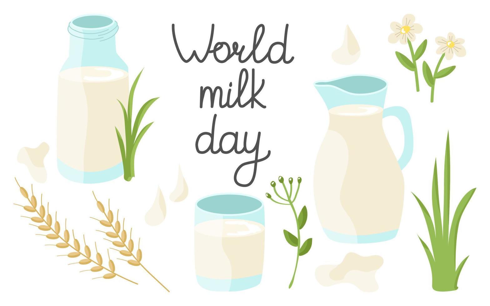 dia mundial do leite conjunto de bebida saudável com jarro, jarra, vidro, letras, grama, flores. ilustração vetorial para design ou decoração. vetor