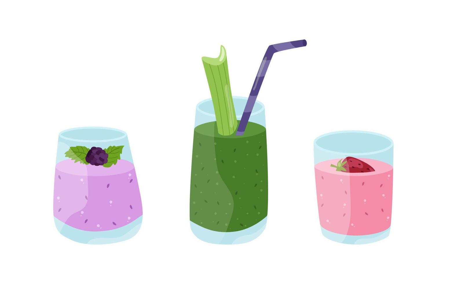 coquetéis de smoothies de praia de verão com gelo. lilás com amoras, verde com espinafre e aipo, rosa com morangos. ilustração em vetor de bebidas refrescantes em copos com tubos.