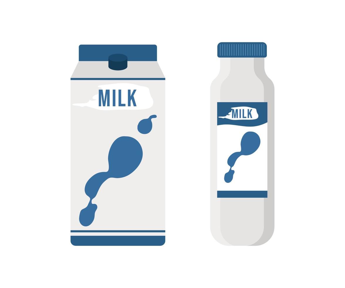 caixa e uma garrafa de leite. ilustração vetorial de uma embalagem diferente simples para bebidas lácteas fermentadas. Isolado em um fundo branco. vetor
