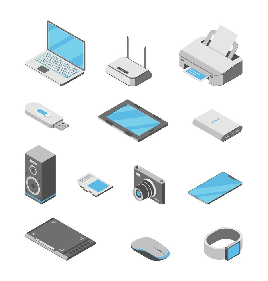 ícones isométricos vetoriais de equipamentos de escritório, eletrônicos portáteis. conjunto de gadgets de computador 3d, dispositivos, tecnologias digitais vetor