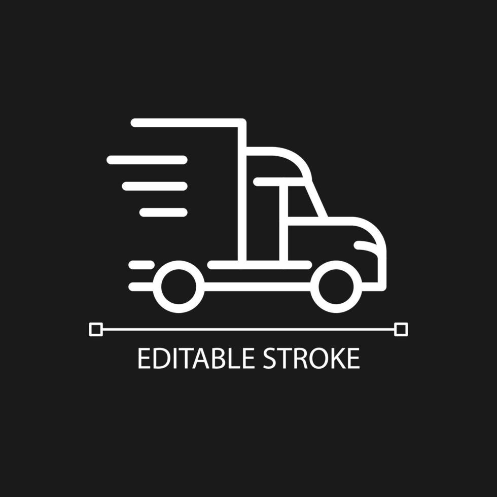 ícone linear branco perfeito do pixel do caminhão para o tema escuro. transporte e logística. envio expresso. ilustração de linha fina. símbolo isolado para o modo noturno. vetor