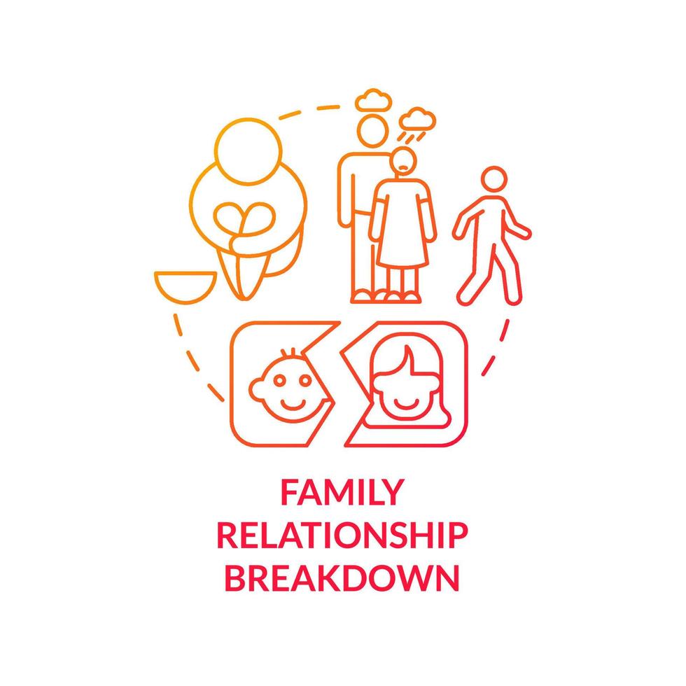 ícone de conceito gradiente vermelho de repartição de relacionamento familiar. ilustração de linha fina de idéia abstrata de juventude desacompanhada. separação e divórcio dos pais. desenho de contorno isolado. vetor