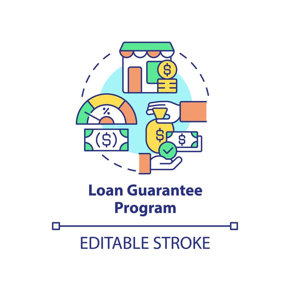 ícone de conceito de programa de garantia de empréstimo. programa de ajuda para ilustração de linha fina de ideia abstrata de pequenas empresas. desenho de contorno isolado. traço editável. vetor