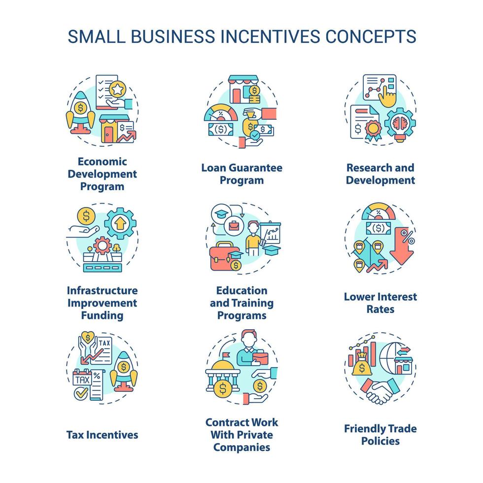 conjunto de ícones de conceito de incentivos para pequenas empresas. programa de apoio ao empreendedorismo ideia ilustrações coloridas de linha fina. símbolos isolados. traço editável. vetor
