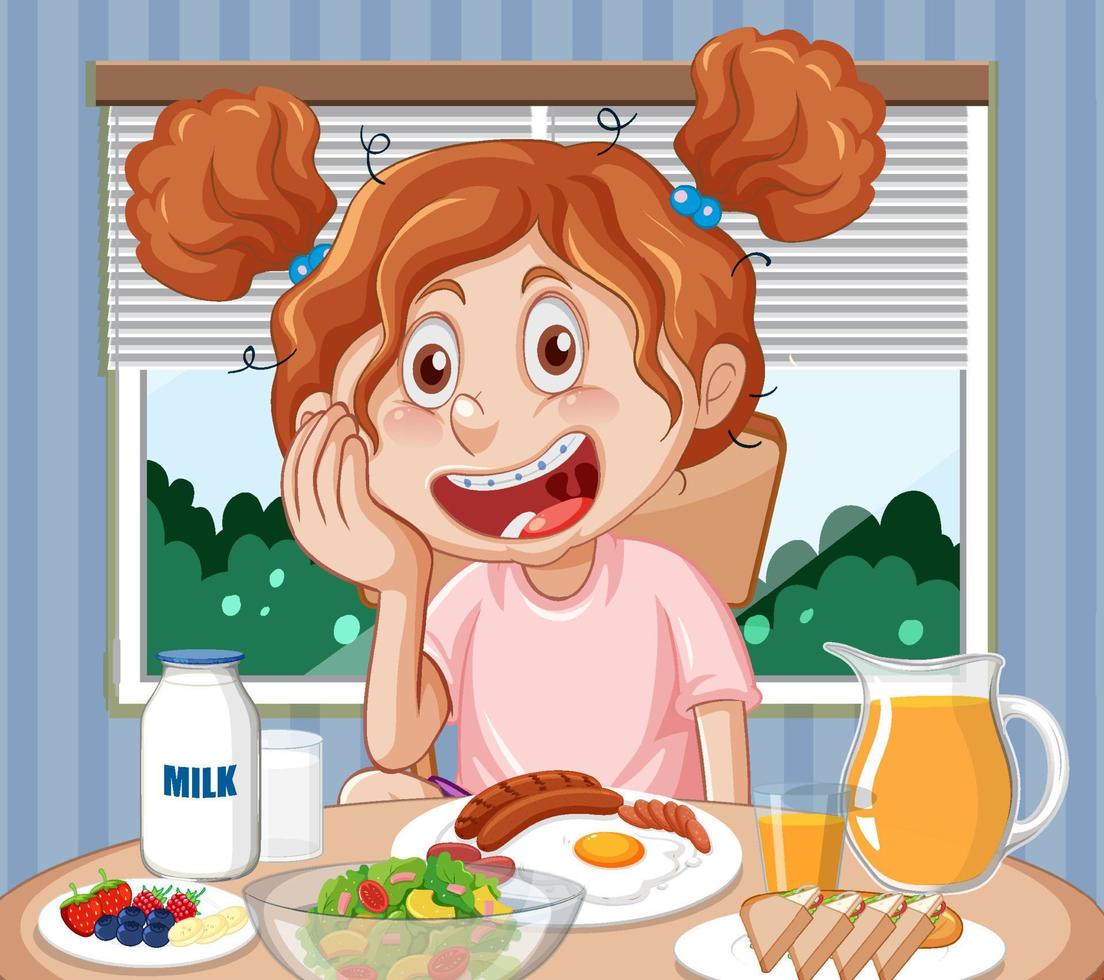 garota feliz tomando café da manhã na mesa vetor