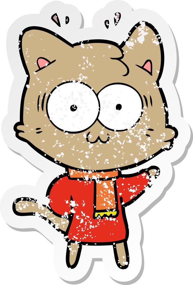 adesivo angustiado de um gato surpreso de desenho animado vestindo roupas quentes de inverno vetor