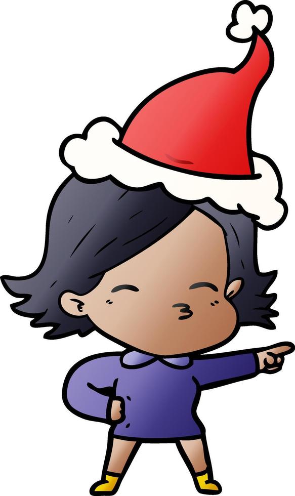 desenho de gradiente de uma mulher apontando usando chapéu de papai noel vetor