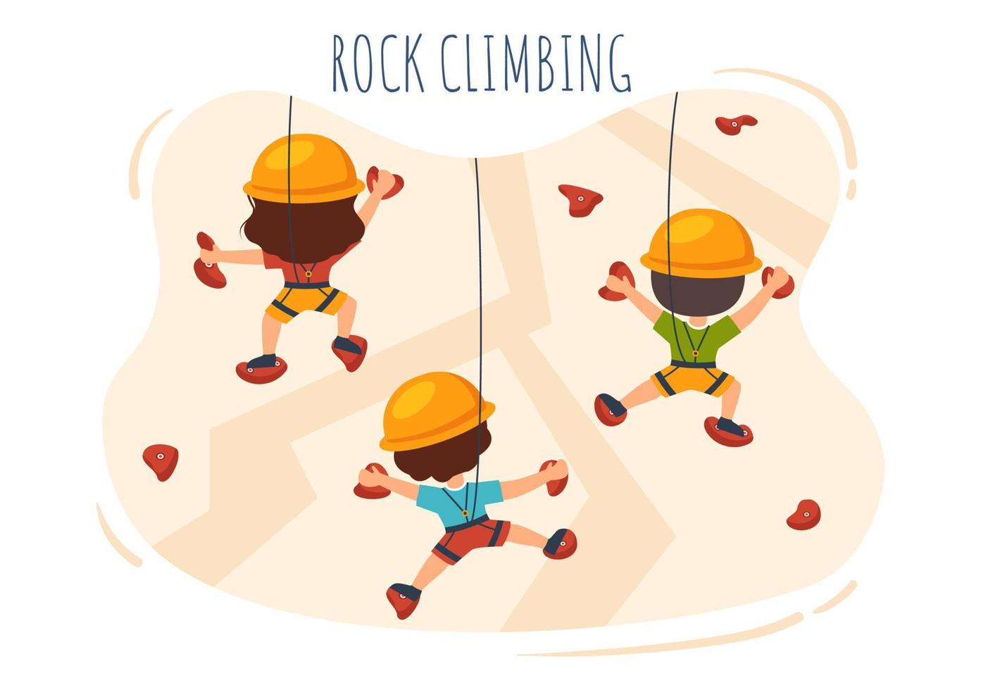 escalada em rocha com crianças fofas de alpinista escala parede na ilustração de desenho animado plano de fundo vetor