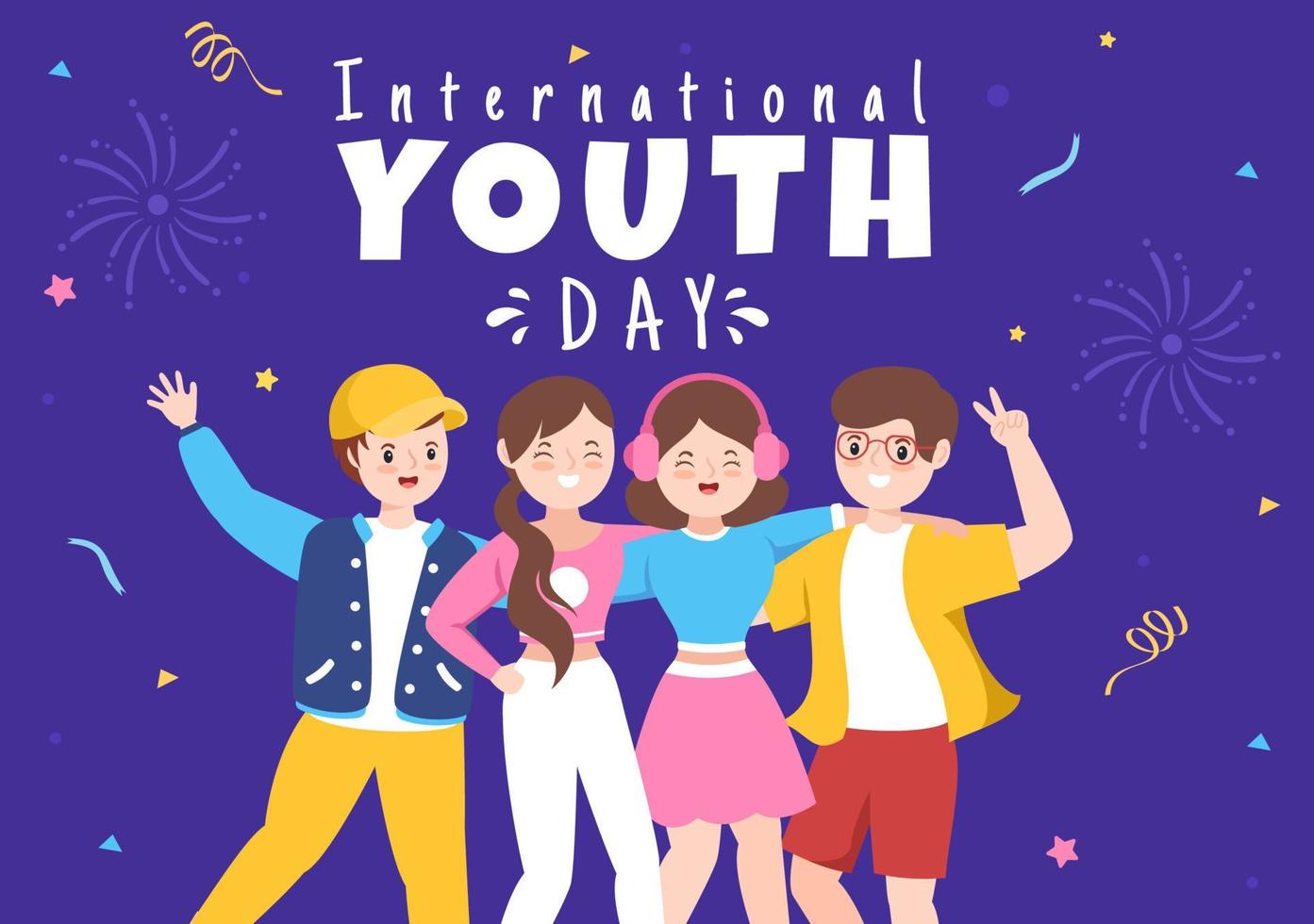 feliz dia internacional da juventude bonito ilustração dos desenhos animados com meninos e meninas para campanha em fundo de estilo simples vetor