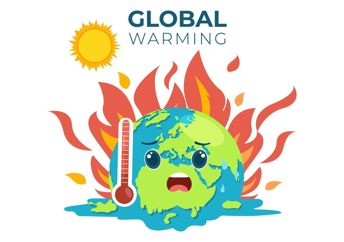 ilustração de estilo de desenho animado de aquecimento global com o planeta Terra em um estado de derretimento ou queima e sol de imagem para evitar danos à natureza e às mudanças climáticas vetor