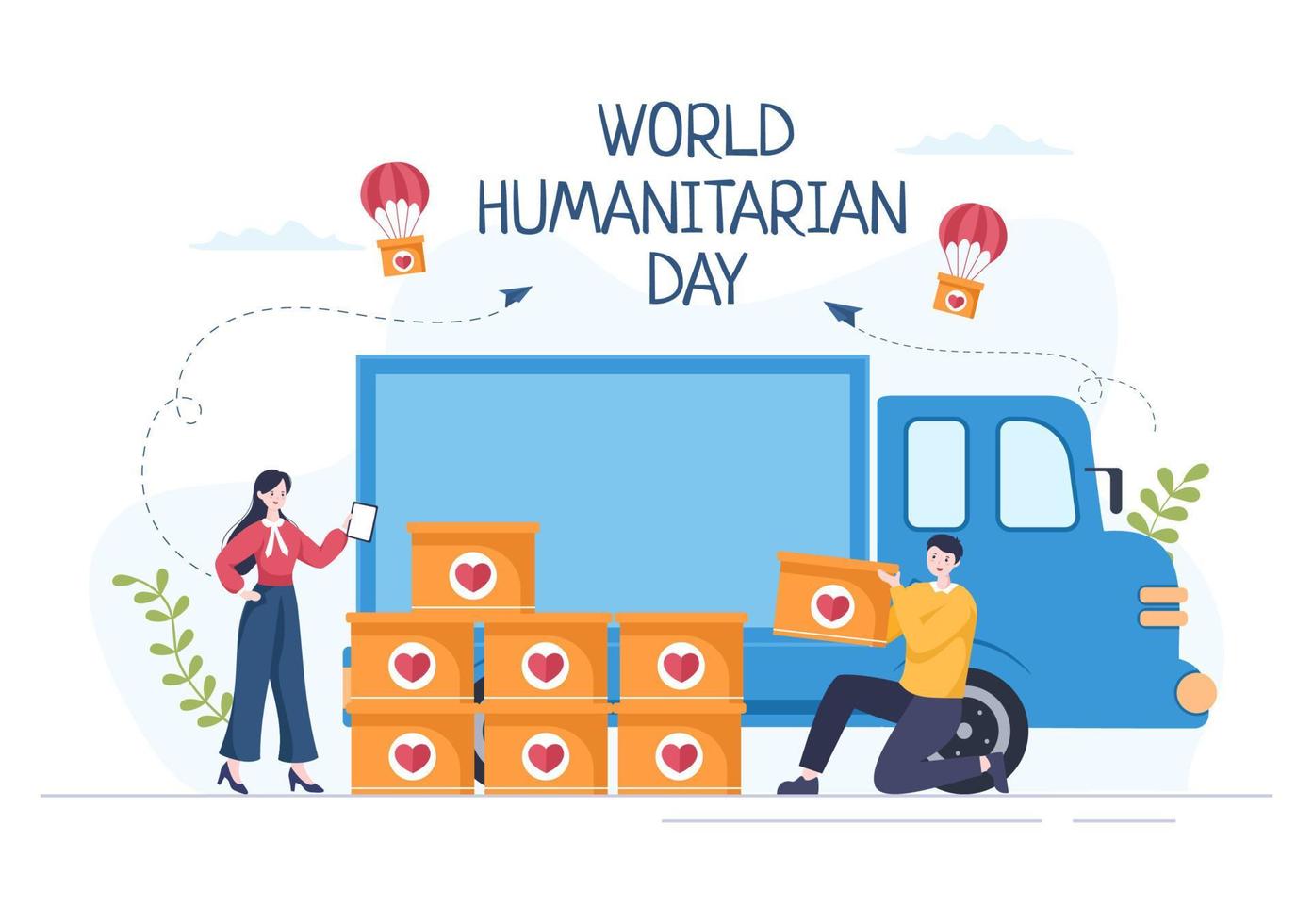 dia mundial humanitário com celebração global de ajudar as pessoas, trabalhar juntos, caridade, doação e voluntariado na ilustração plana dos desenhos animados vetor