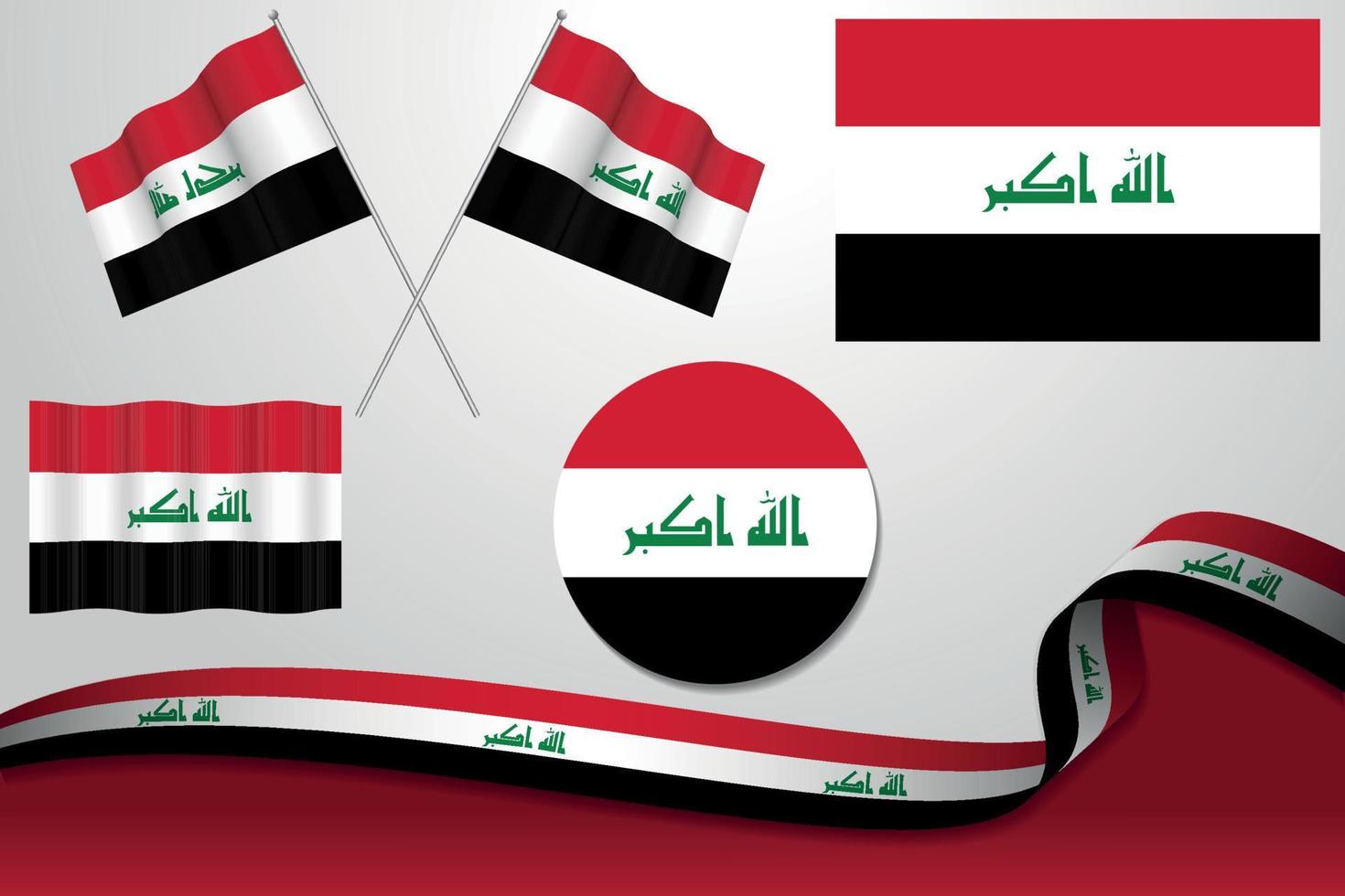 conjunto de bandeiras do iraque em diferentes designs, ícone, bandeiras e fita com plano de fundo. vetor