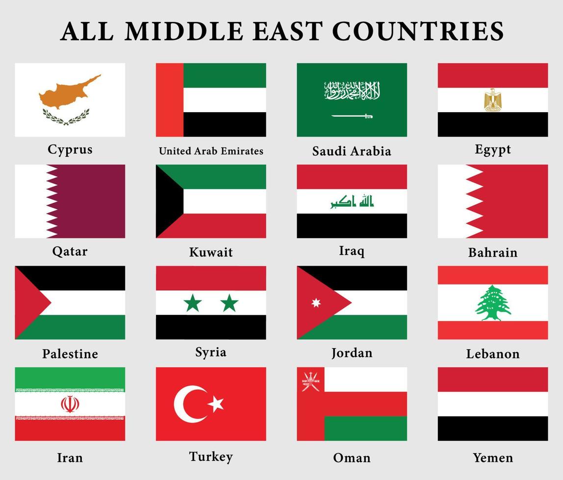 conjunto de bandeiras de países do Oriente Médio, todas as 16 ilustrações de coleção de bandeiras. vetor