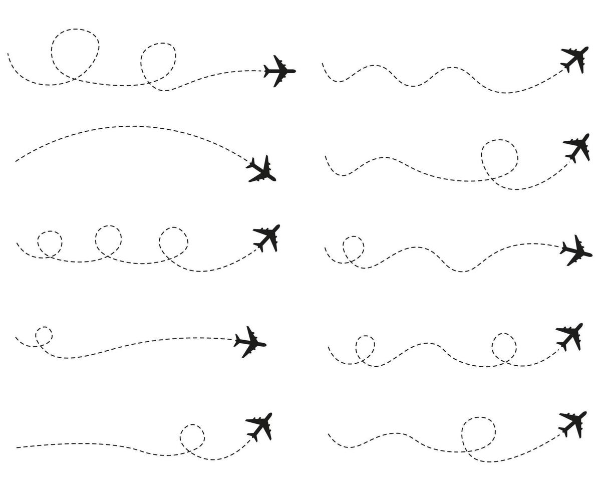 conjunto de rota de avião de linha tracejada vetor