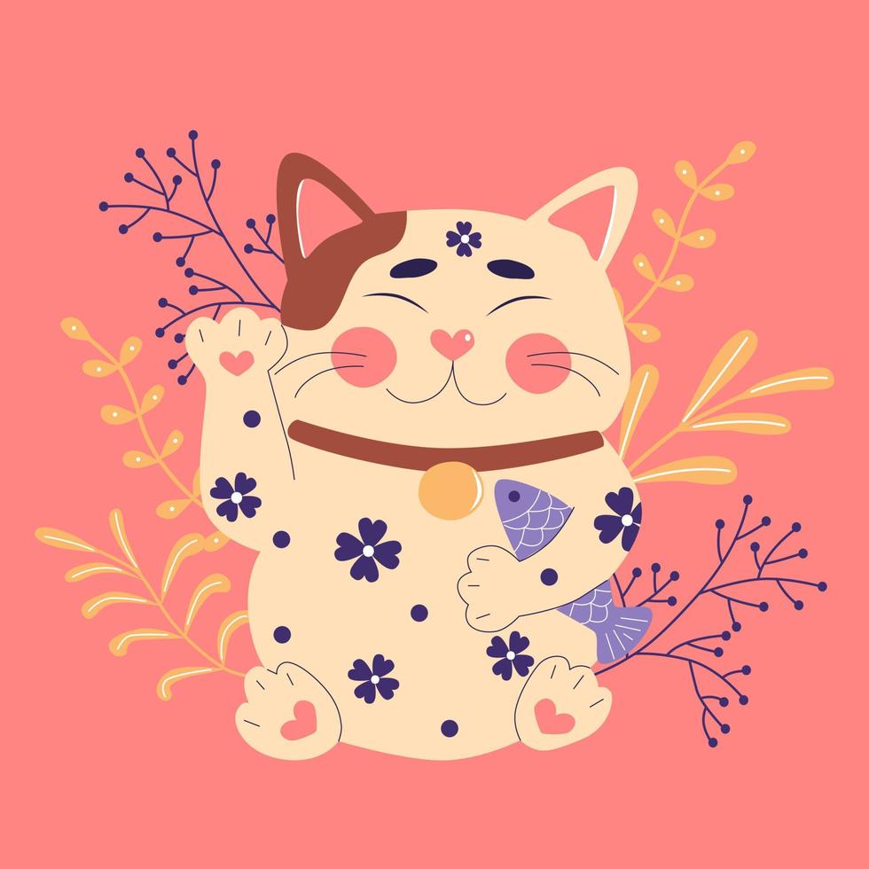 maneki neko, gato da sorte japonês, símbolo da fortuna. personagem de gatinho fofo de ilustração vetorial plana oriental. vetor