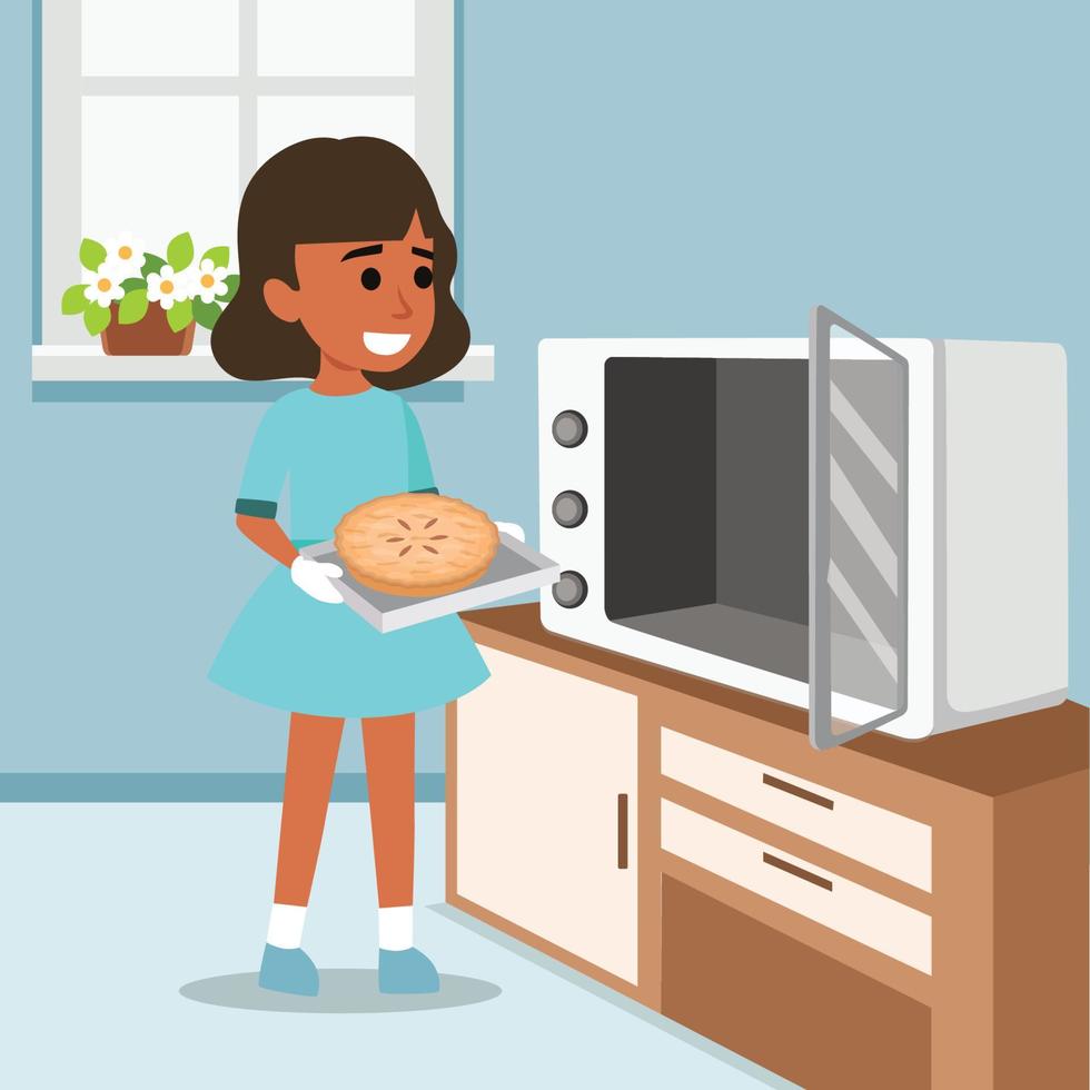 menina assando bolo, cozinha, ware, louças, cozinhar, comida, padaria, ocupação, estilo de vida vetor