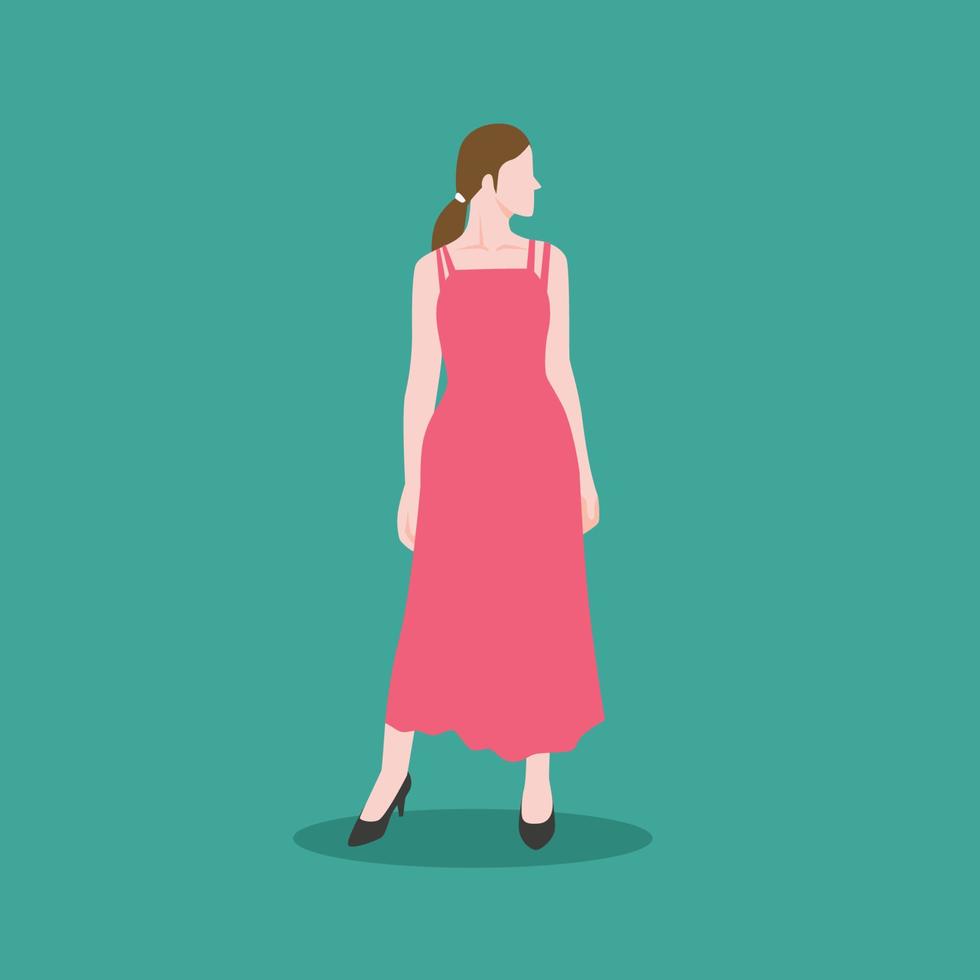 ilustração em vetor elegante de mulher jovem e bonita com penteado retrô curto morena no vestido de noite moderno longo vermelho para comemorar. senhora sexy dos desenhos animados plana isolada sob fundo branco