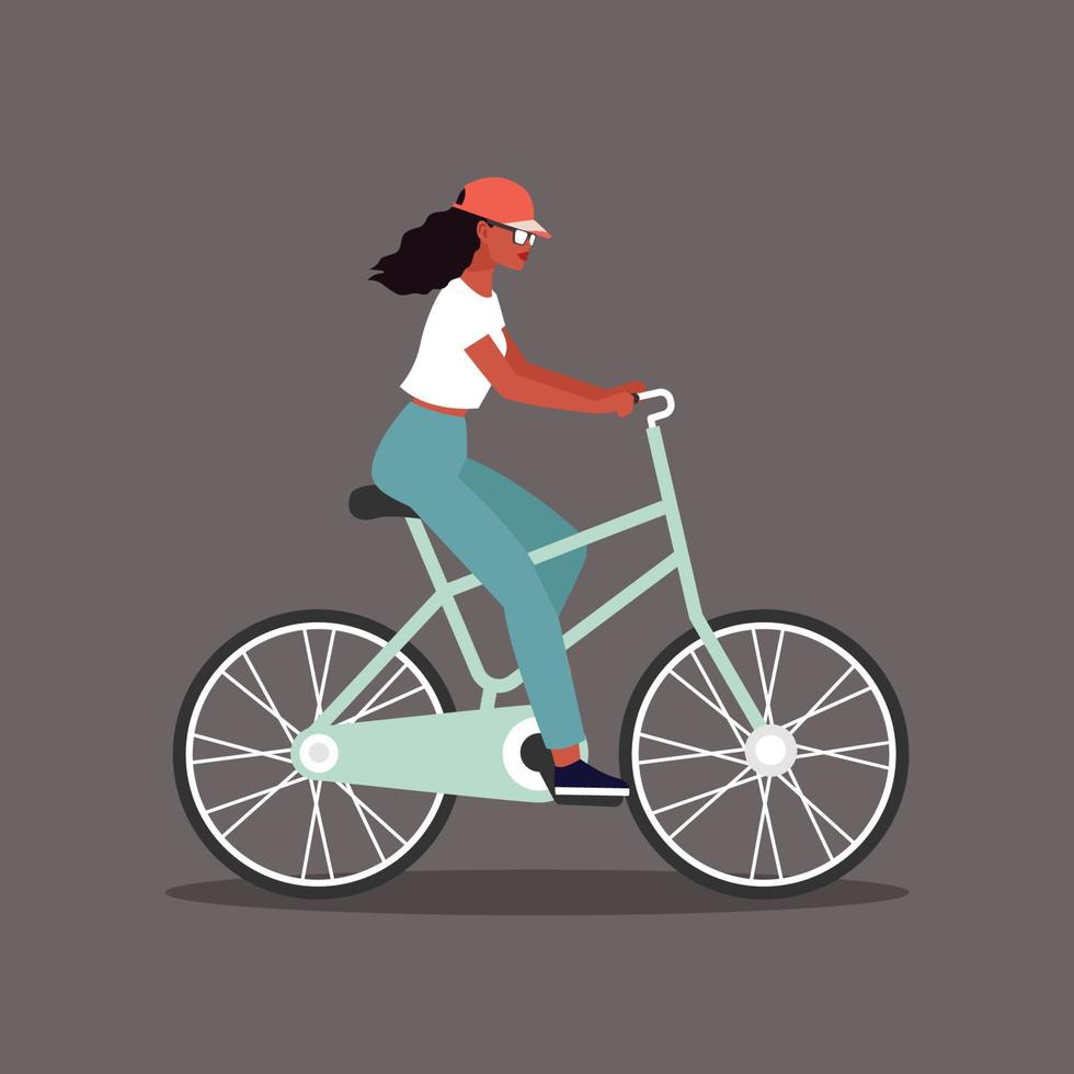 linda mulher afro-americana em design de ilustração vetorial de personagem de avatar de bicicleta usando chapéu vetor