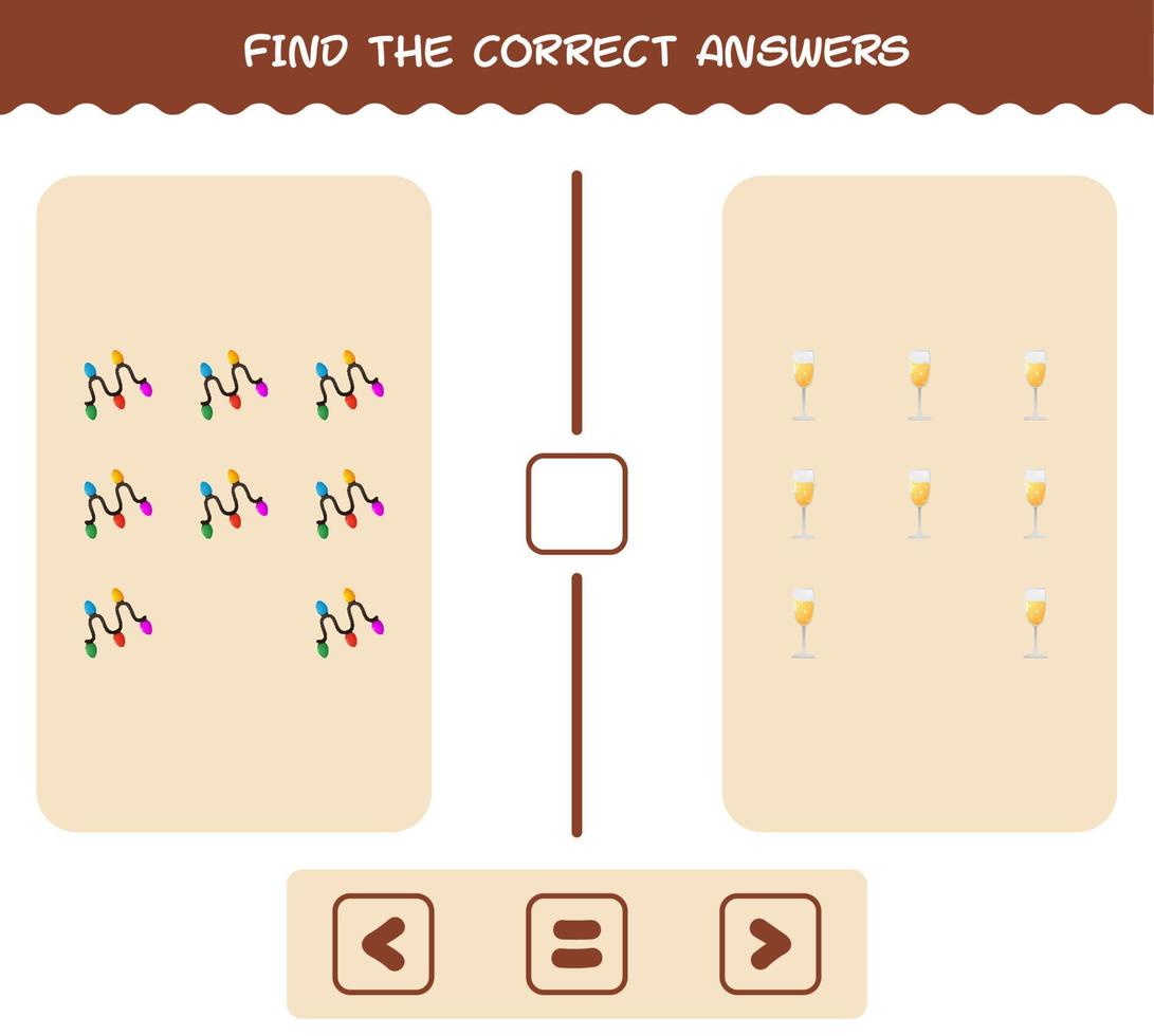 encontre as respostas corretas do natal dos desenhos animados. procurando e contando jogo. jogo educativo para crianças e bebês da pré-escola vetor