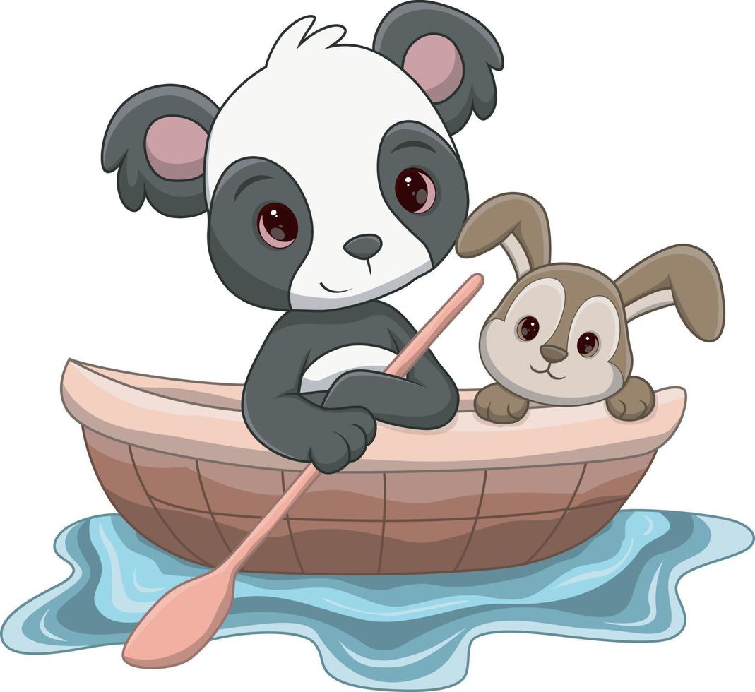 desenho de panda e coelho fofo no barco vetor