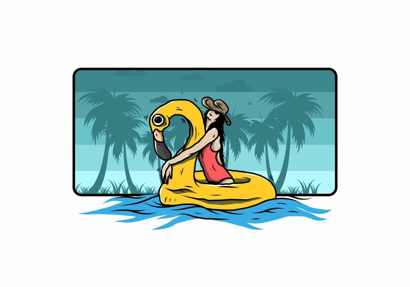 garota usando chapéu de praia em uma ilustração de flamingo de boia salva-vidas inflável vetor