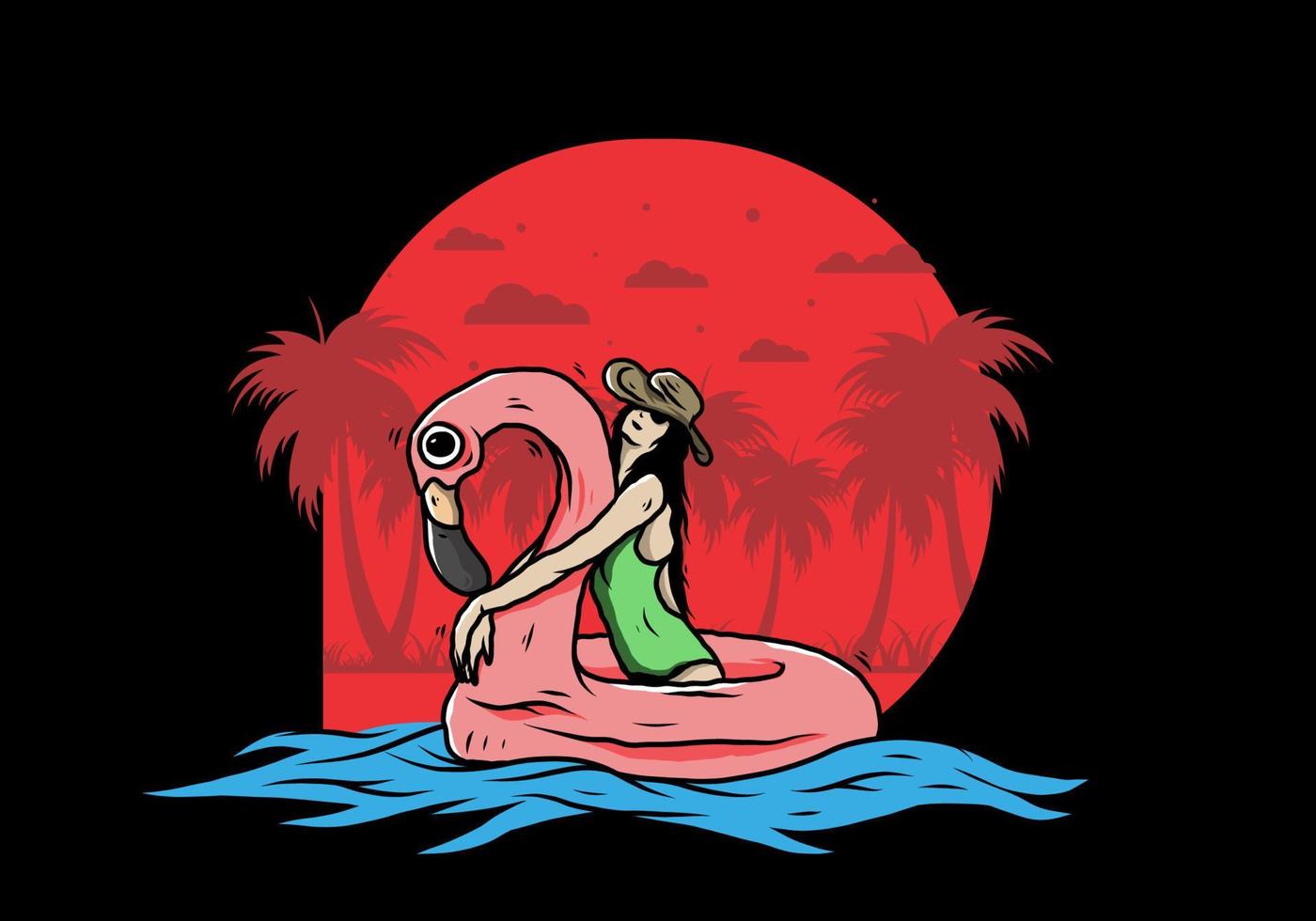 garota usando chapéu de praia em uma ilustração de flamingo de boia salva-vidas inflável vetor