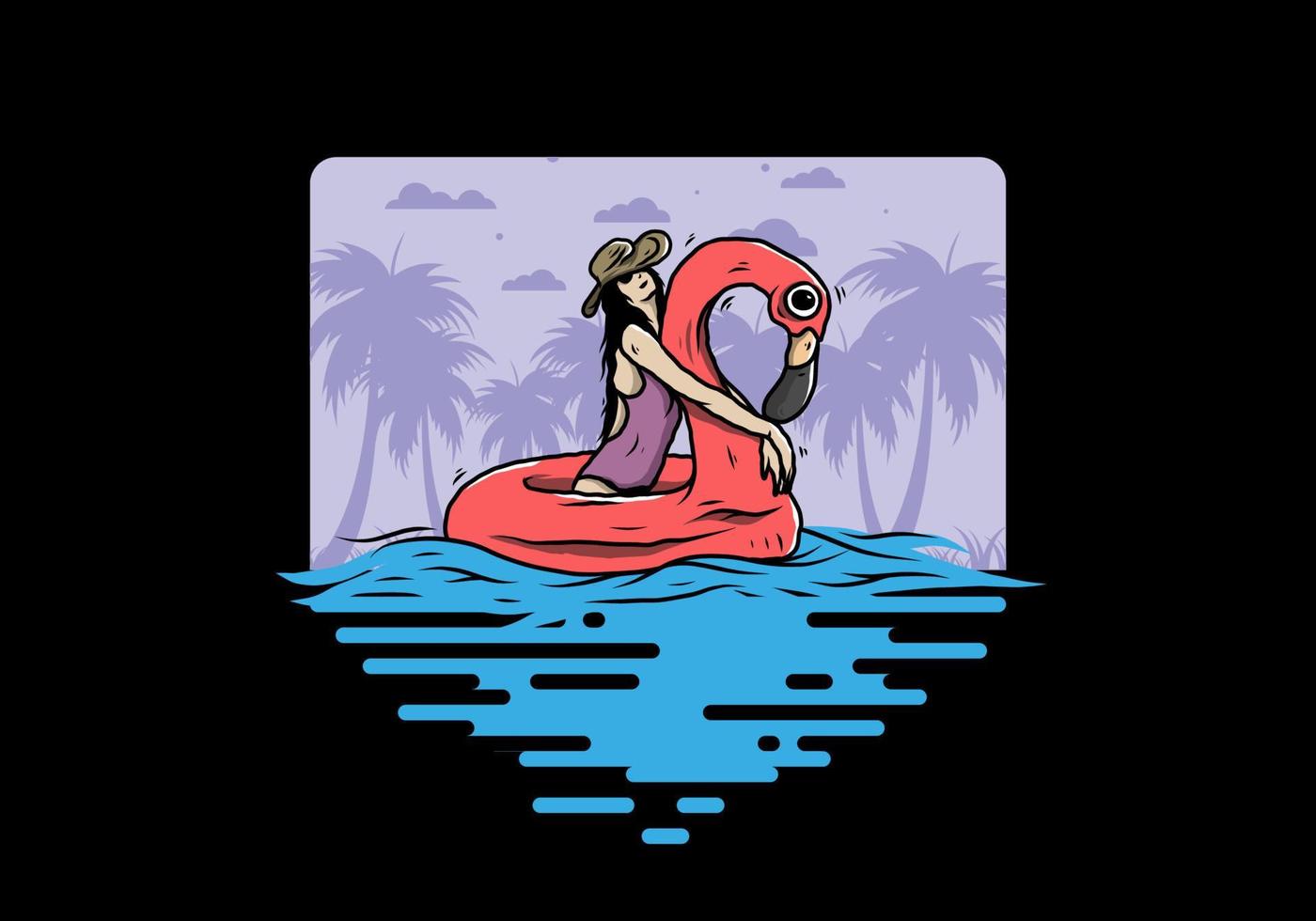 garota usando chapéu de praia em uma ilustração de flamingo de boia salva-vidas inflável vetor