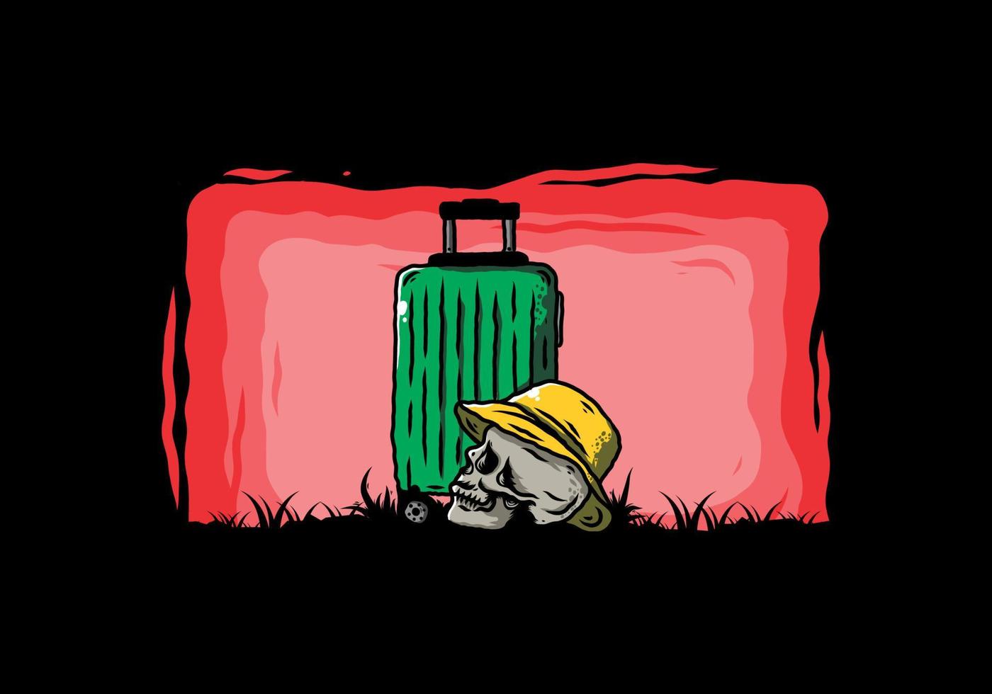 cabeça de caveira usando um chapéu sob uma ilustração de mala de viagem vetor