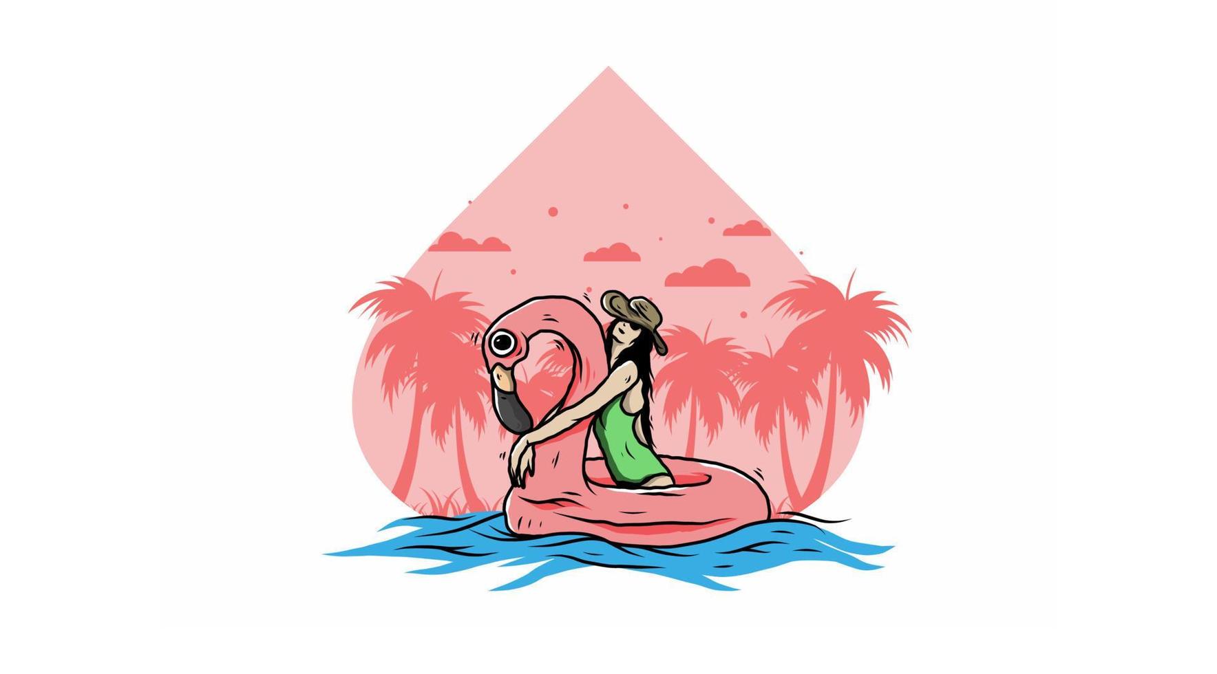 garota usando chapéu de praia em uma ilustração de flamingo de boia salva-vidas inflável vetor