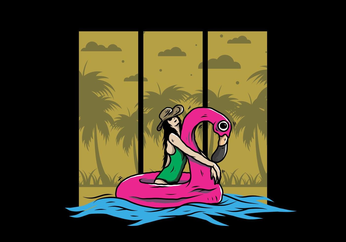 garota usando chapéu de praia em uma ilustração de flamingo de boia salva-vidas inflável vetor
