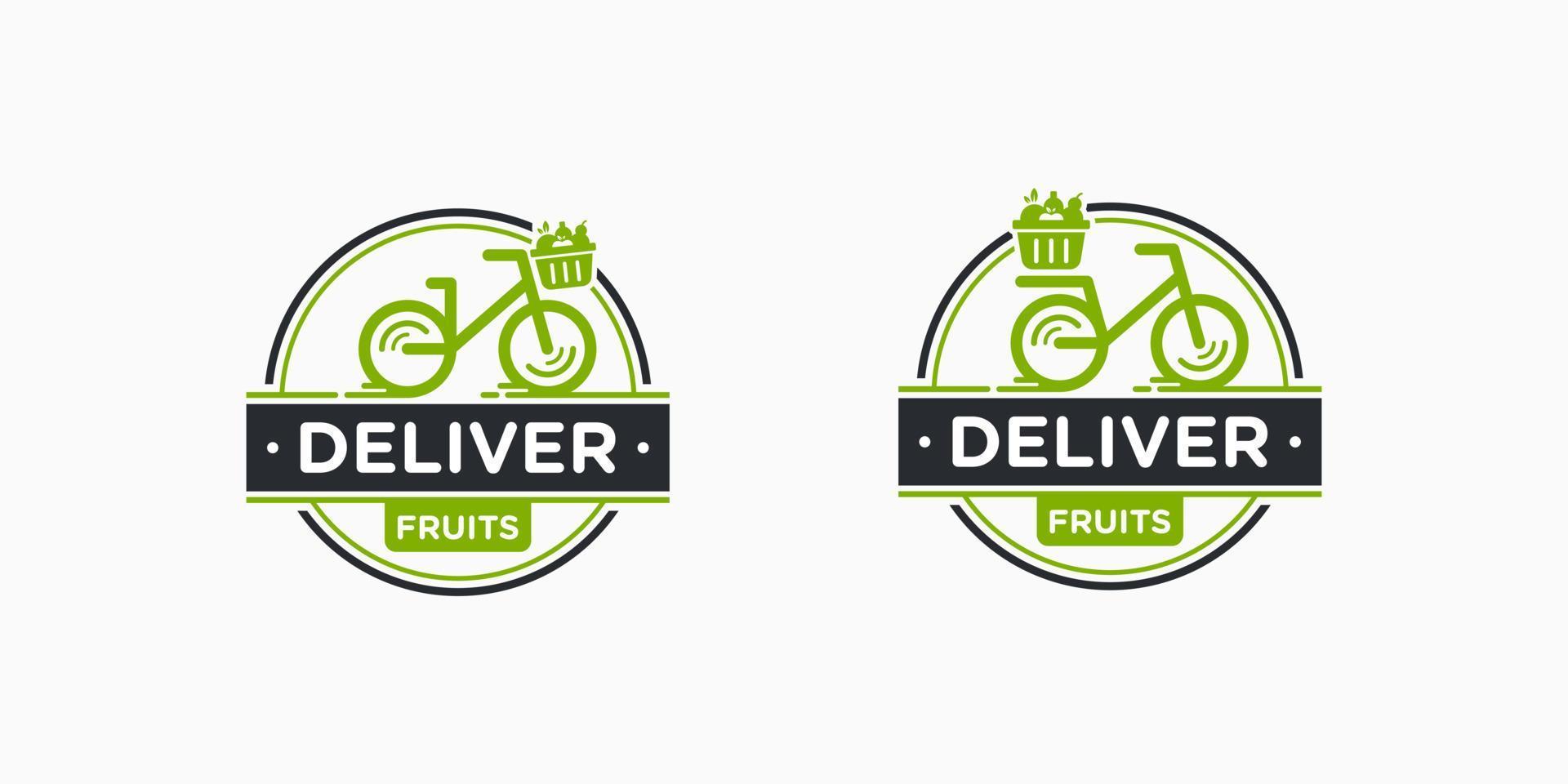 selo vintage bicicleta bicicleta entrega de correio comida de correio frutas saudáveis vegetais design de logotipo de vetor orgânico