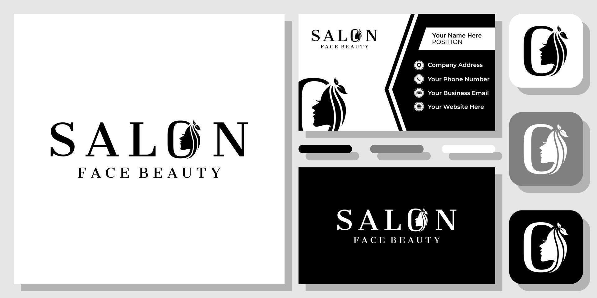 marca de salão beleza rosto feminino cabelo feminino lindo ícone design de logotipo com modelo de cartão de visita vetor