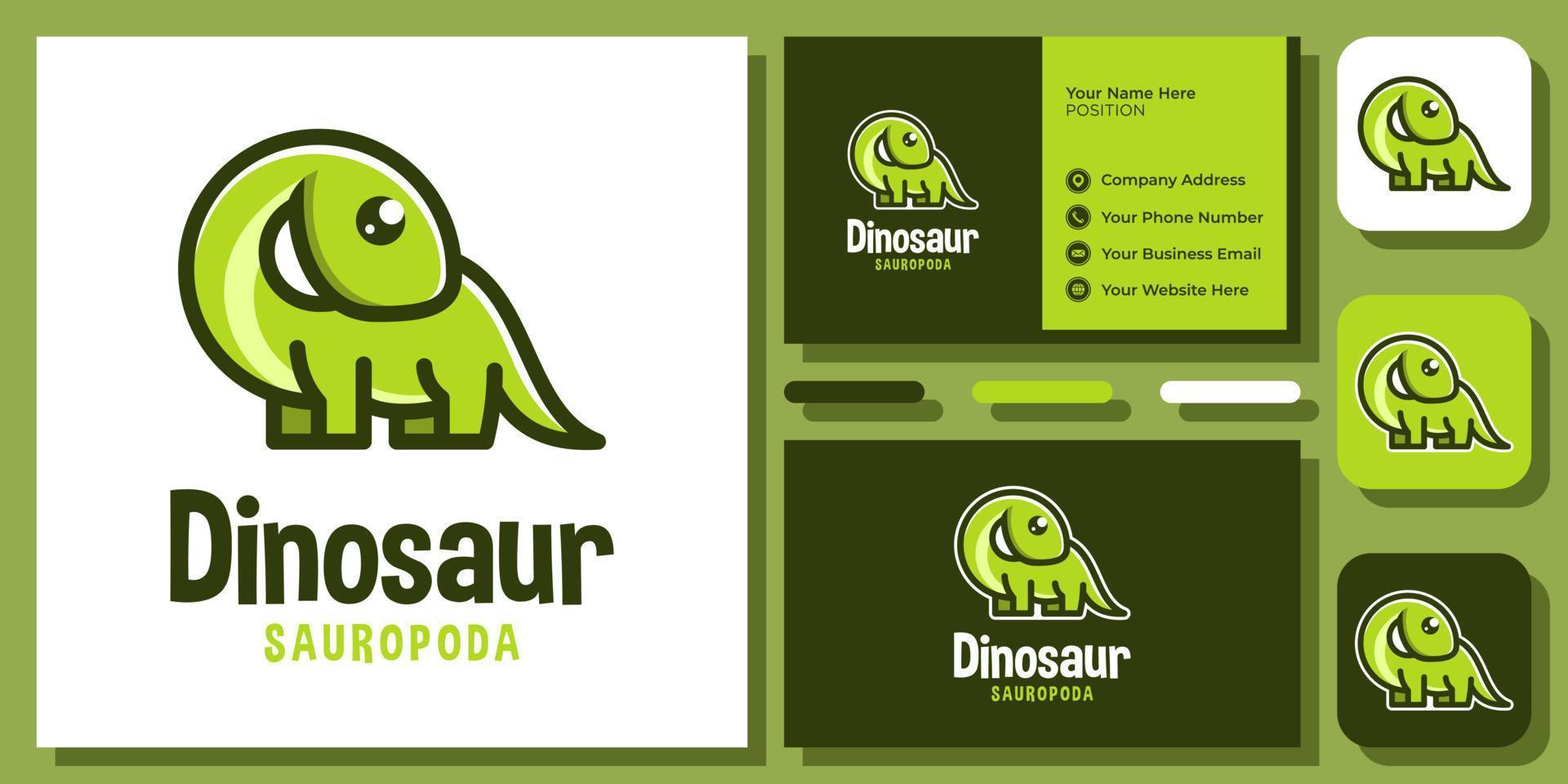 desenho de animal de saurópode de dinossauro fofo design de logotipo de natureza de vida selvagem engraçada com modelo de cartão de visita vetor