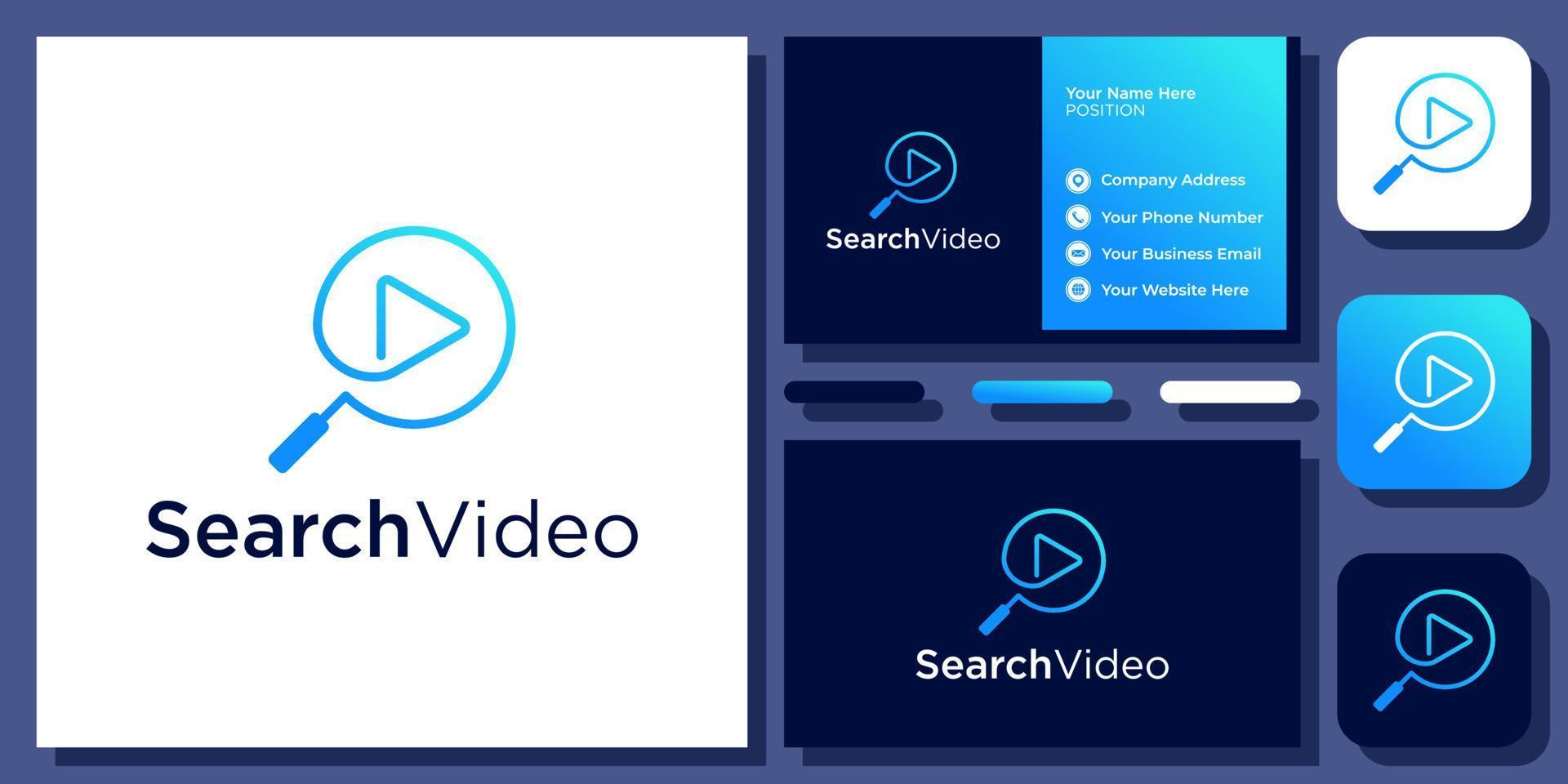 botão de reprodução de lupa de vídeo de pesquisa encontrar design de logotipo de vetor de site de filme com cartão de visita