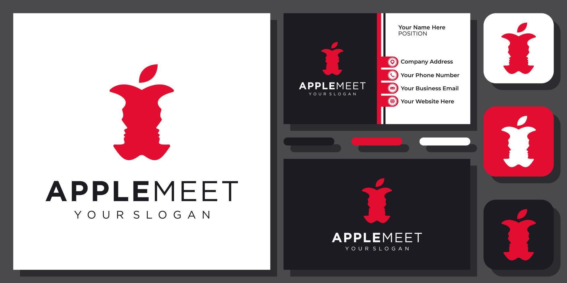 fruta maçã conhecer pessoas homem cabeça cara a cara silhueta vector design de logotipo com cartão de visita