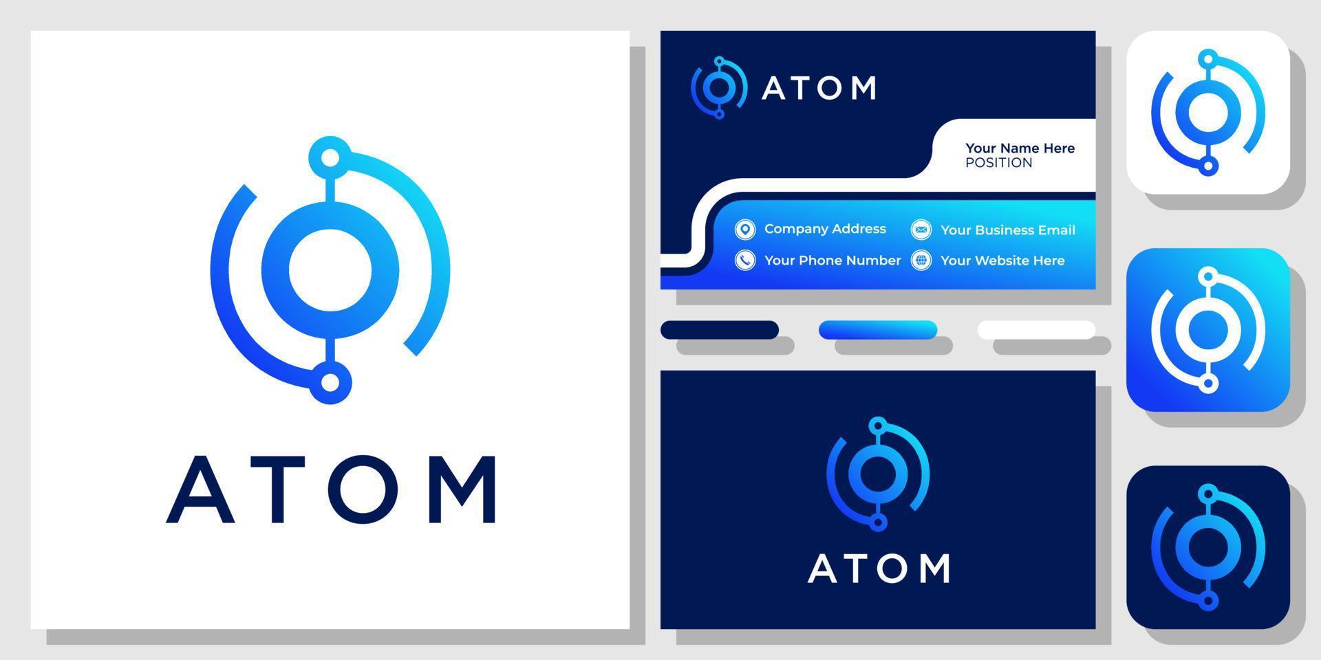 design de logotipo moderno de rede de conexão de molécula de tecnologia de círculo de átomo com modelo de cartão de visita vetor