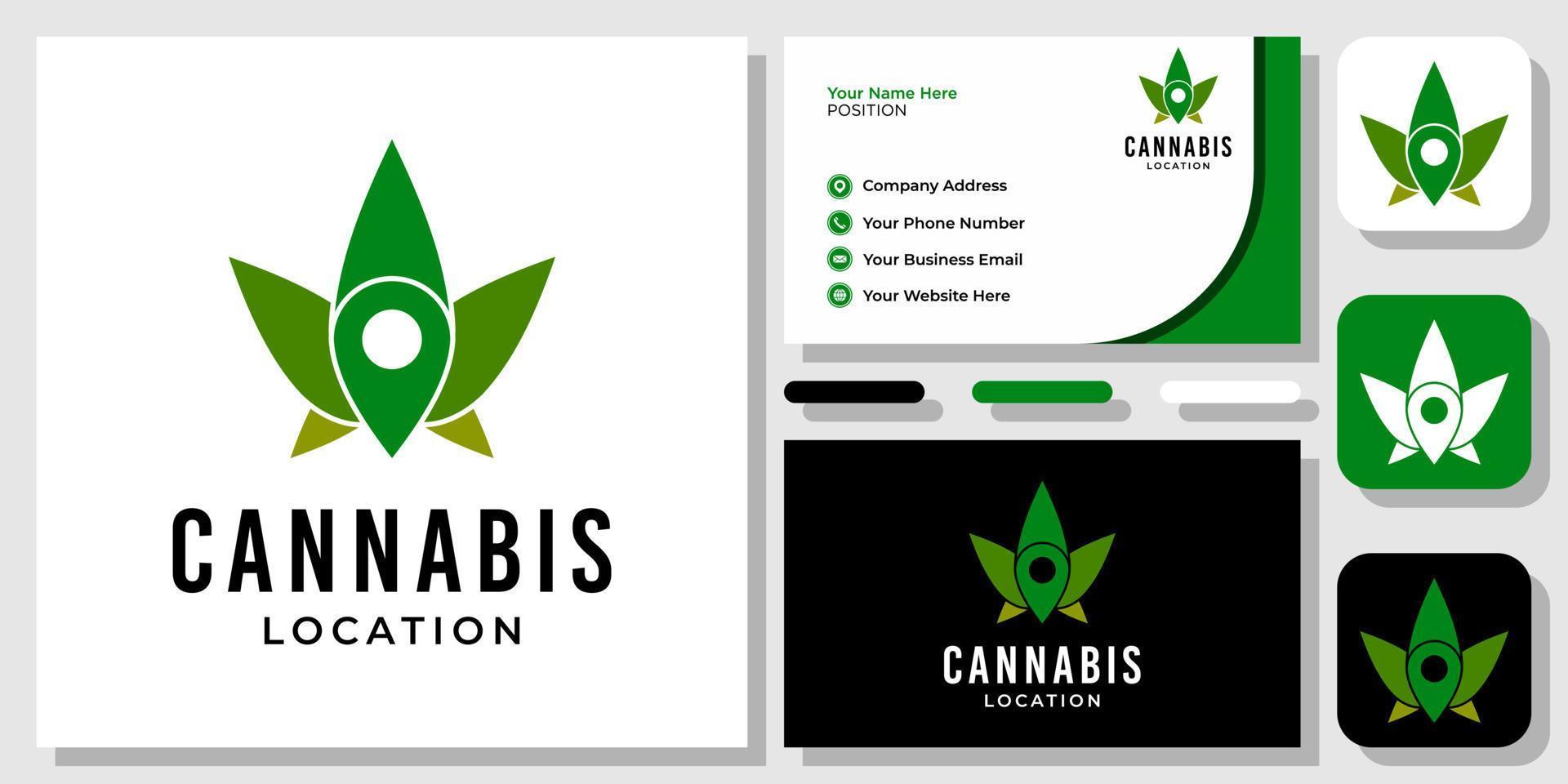 localização de pin de cannabis mapa de cânhamo droga local erva local design de logotipo de planta com modelo de cartão de visita vetor
