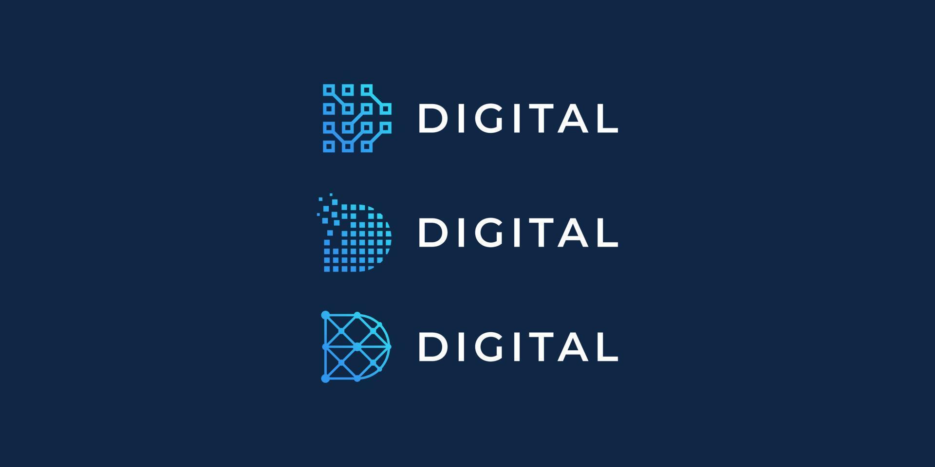 conjunto de conexão de dados de tecnologia digital letra d conectar design de logotipo vetorial com cartão de visita vetor