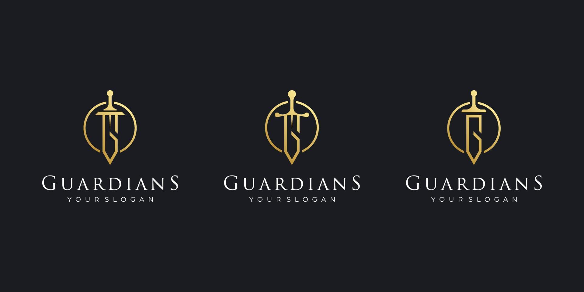 conjunto de letras iniciais de ouro de luxo monograma g com design de logotipo de vetor de reino dourado de espada